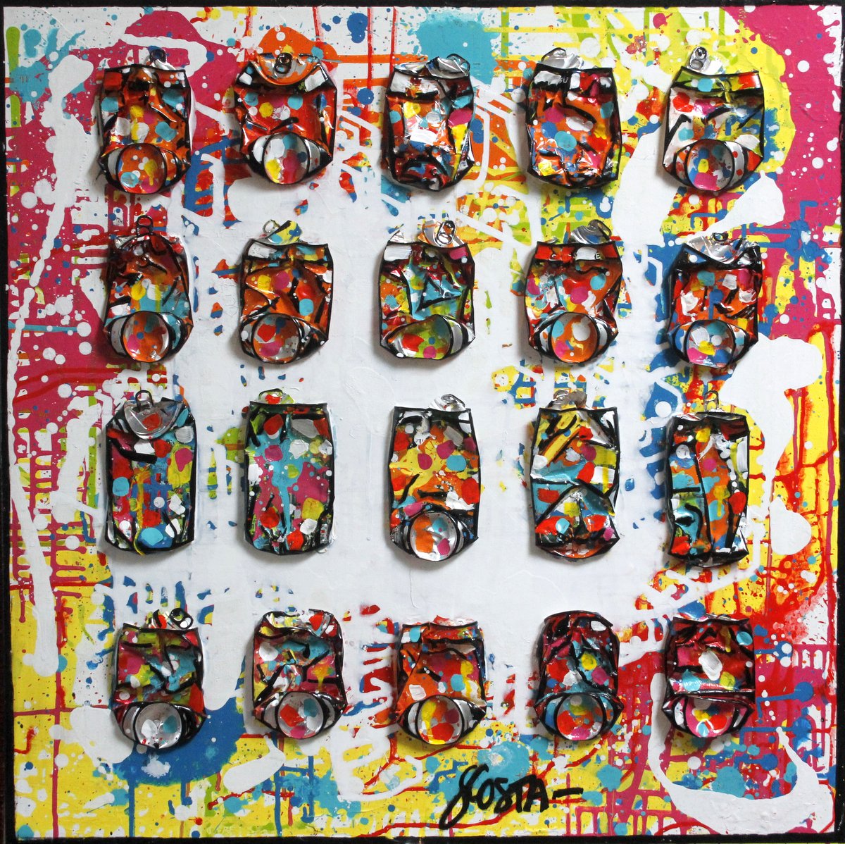 collage, multicolore, dripping, canettes compressées Tableau Contemporain, FREEDOM. Sophie Costa, artiste peintre.