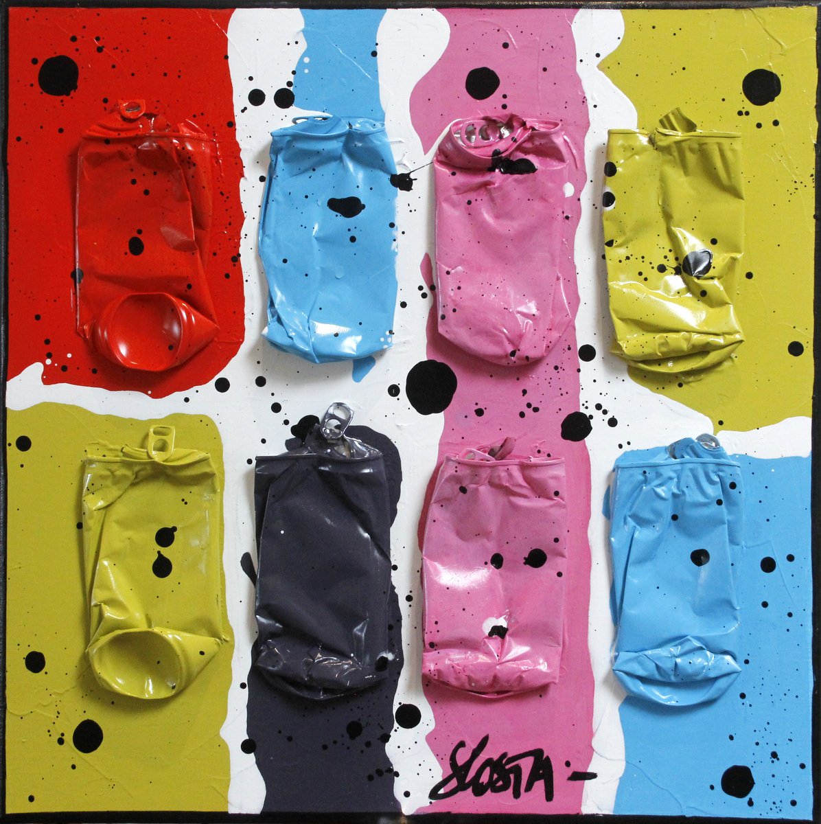 collage, multicolore, canettes compressées Tableau Contemporain, Mini puzzle cans. Sophie Costa, artiste peintre.