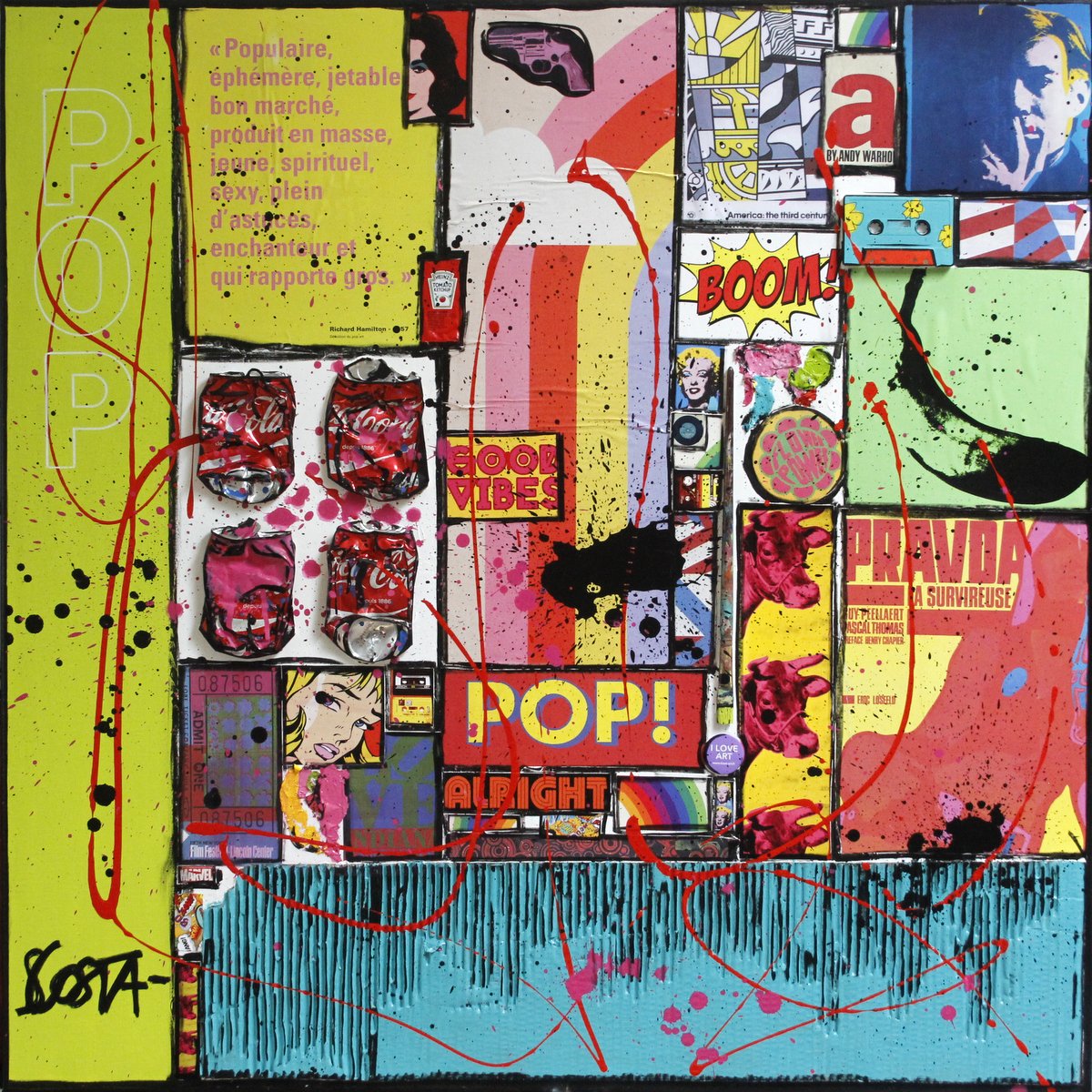 collage, pop art, multicolore, warhol Tableau Contemporain, POP POP. Sophie Costa, artiste peintre.