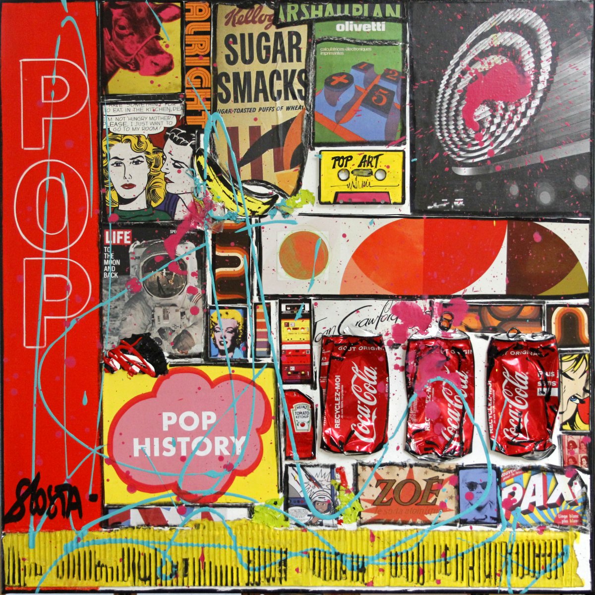 collage, pop art Tableau Contemporain, POP HISTORY. Sophie Costa, artiste peintre.