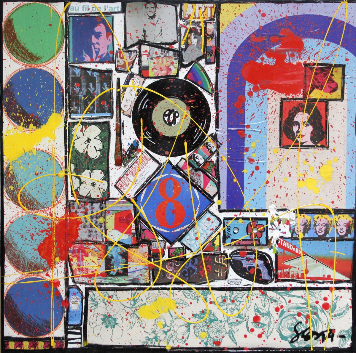 collage, pop art Tableau Contemporain, BLUE POP. Sophie Costa, artiste peintre.