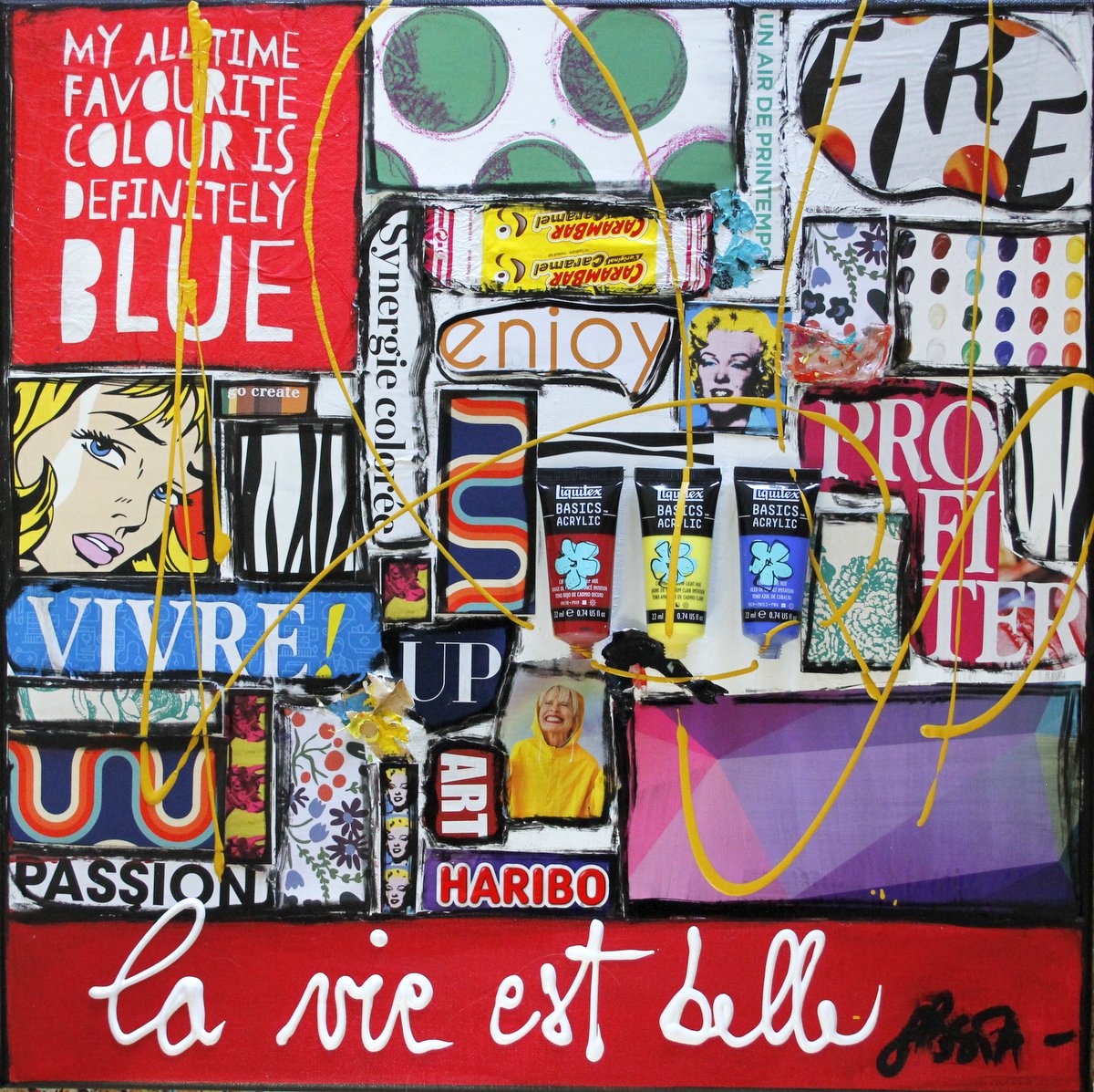 collage, multicolore, la vie est belle Tableau Contemporain, La vie est belle (rouge). Sophie Costa, artiste peintre.
