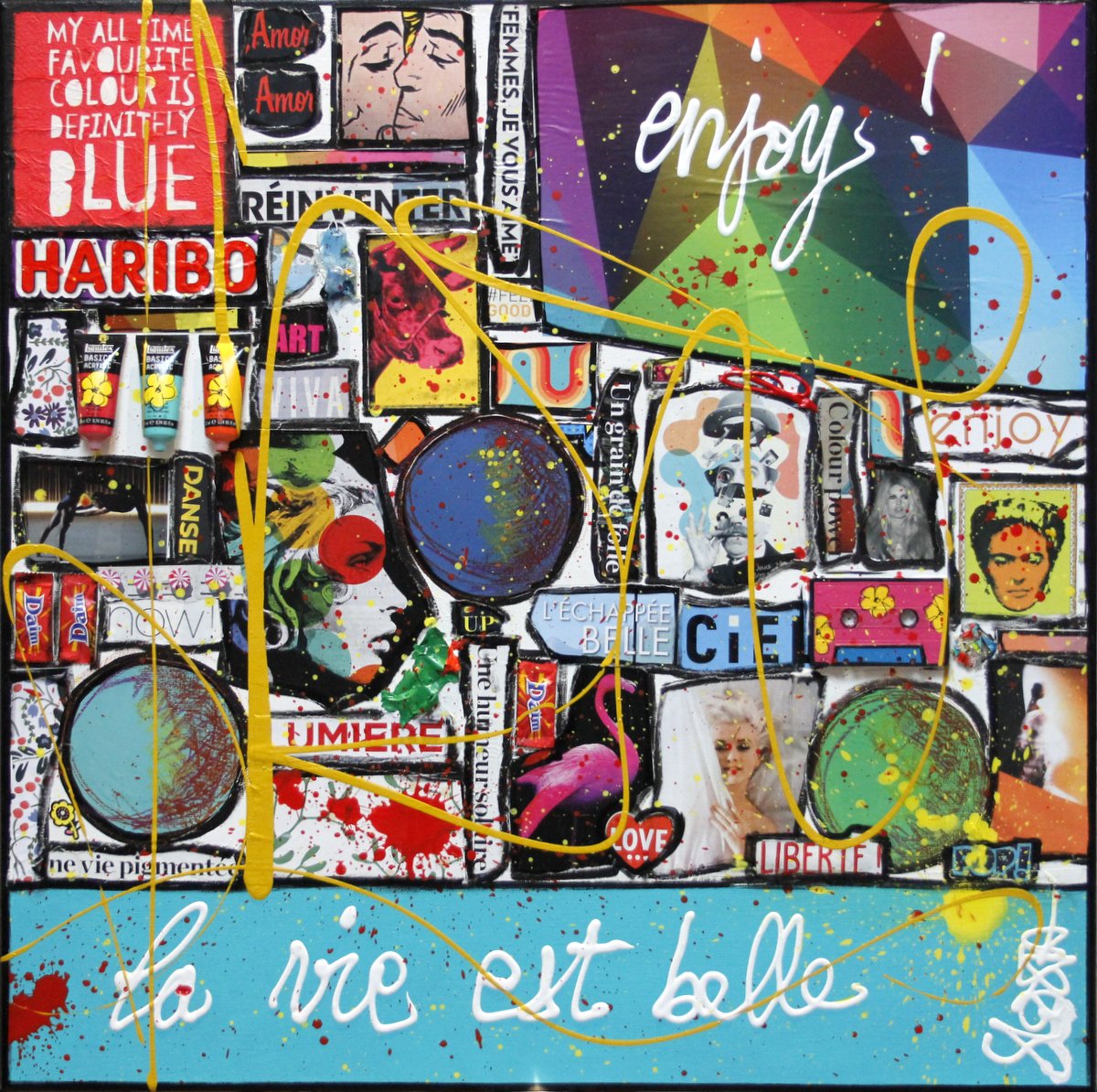 collage, la vie est belle, multicolore Tableau Contemporain, la vie est belle, enjoy !. Sophie Costa, artiste peintre.