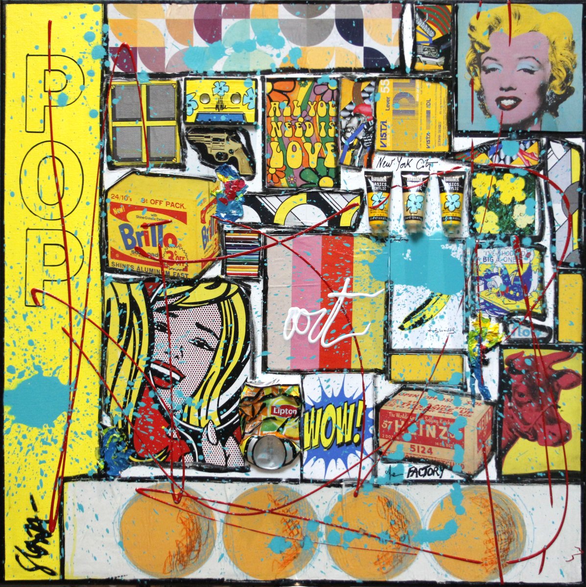 pop art, collage, jaune Tableau Contemporain, Sunny Pop. Sophie Costa, artiste peintre.