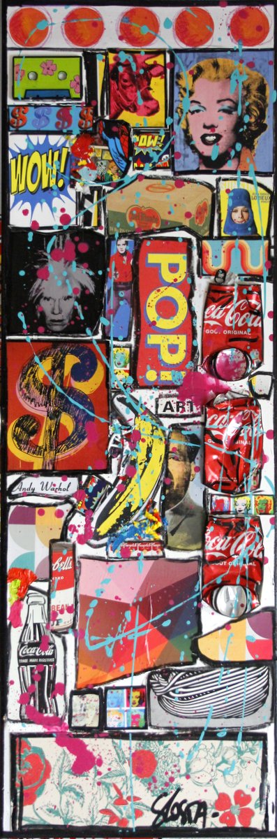 collage, pop art, multicolore Tableau Contemporain, BANANA POP !. Sophie Costa, artiste peintre.