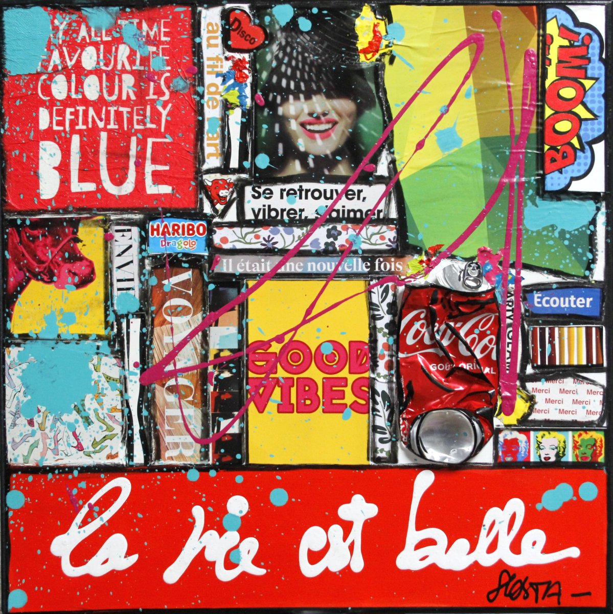 collage, pop art, multicolore Tableau Contemporain, Boom, la vie est belle !. Sophie Costa, artiste peintre.