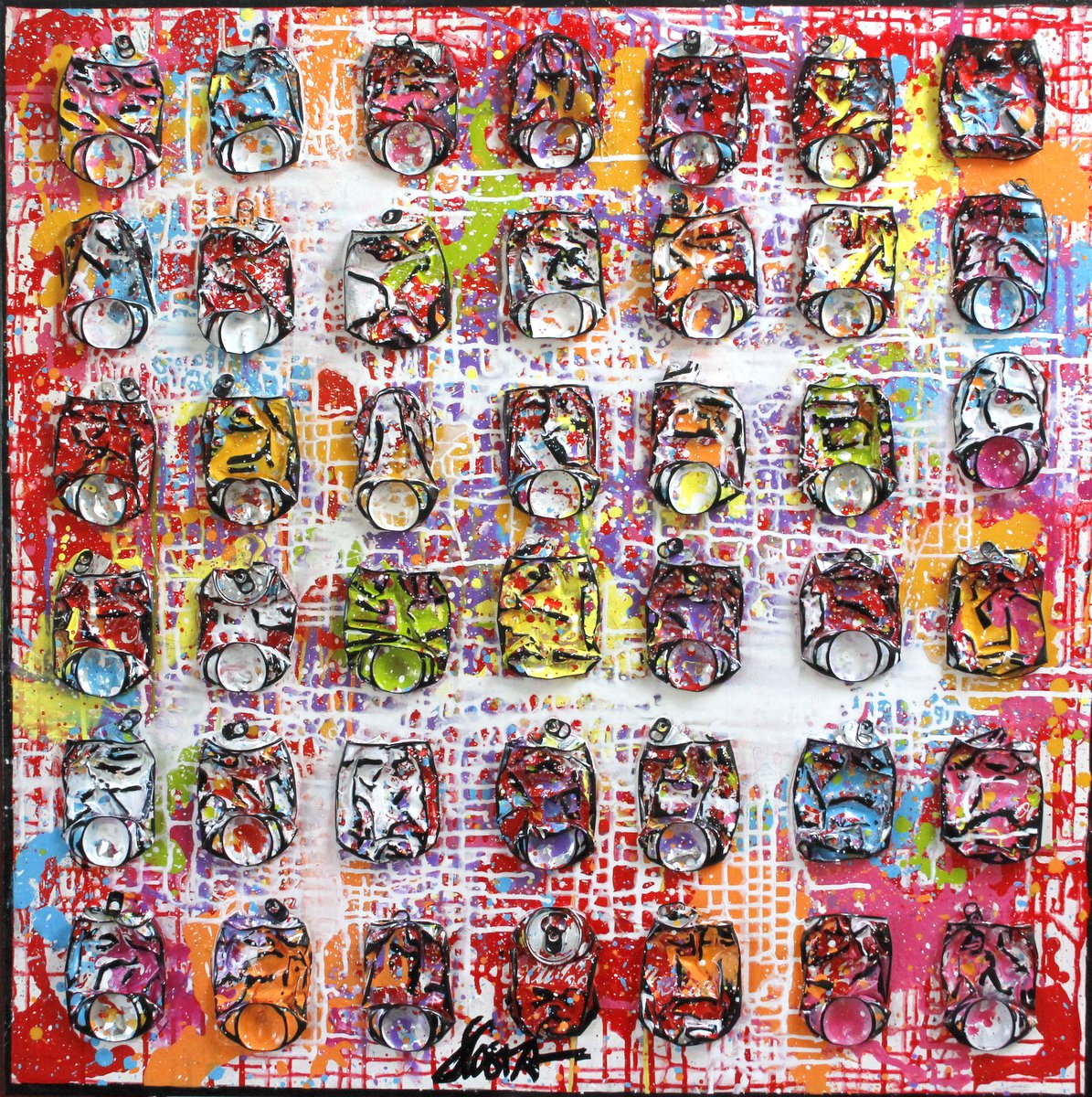 collage, multicolore, canettes compressées Tableau Contemporain, SWEET VIBES. Sophie Costa, artiste peintre.