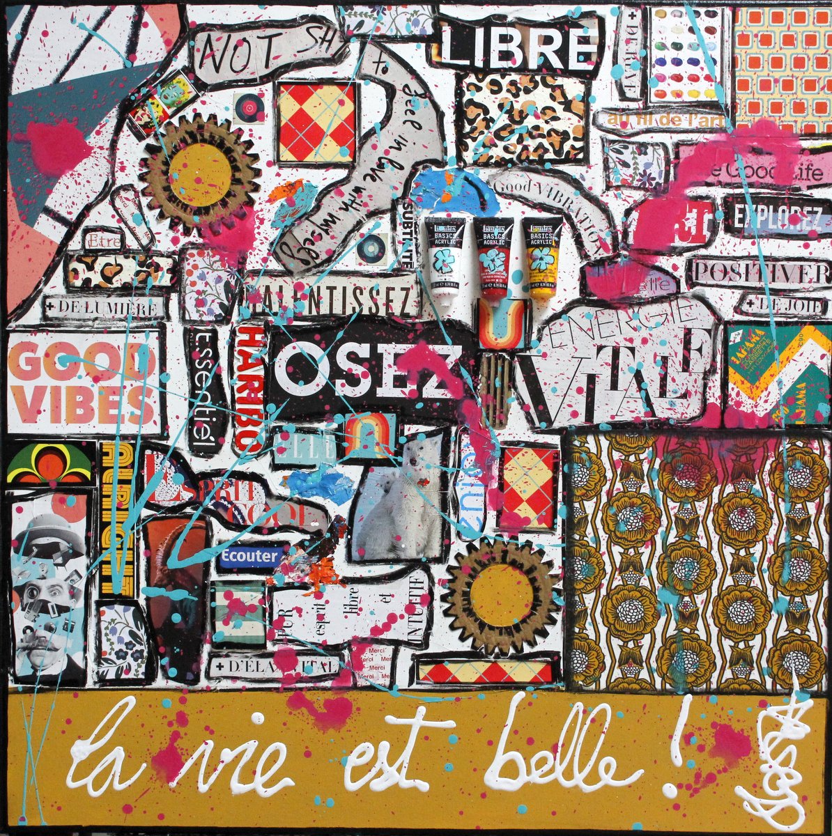 la vie est belle, collage, multicolore Tableau Contemporain, Osez, la vie est belle!. Sophie Costa, artiste peintre.