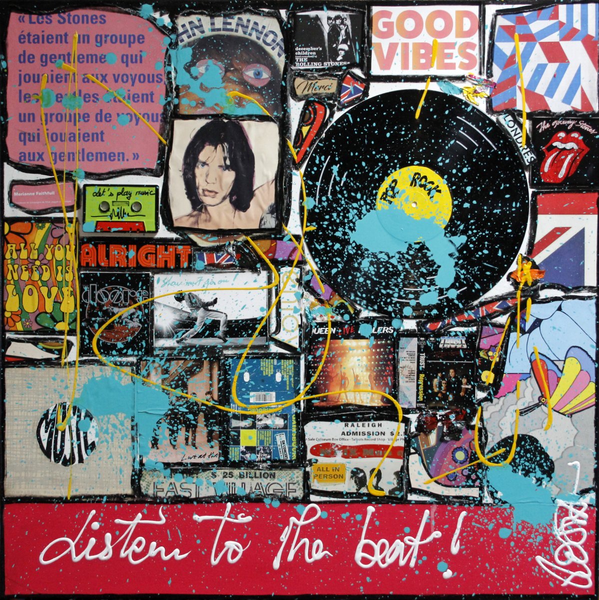 music, collage, vinyle, vintage Tableau Contemporain, Listen to the beat ! (good vibes). Sophie Costa, artiste peintre.