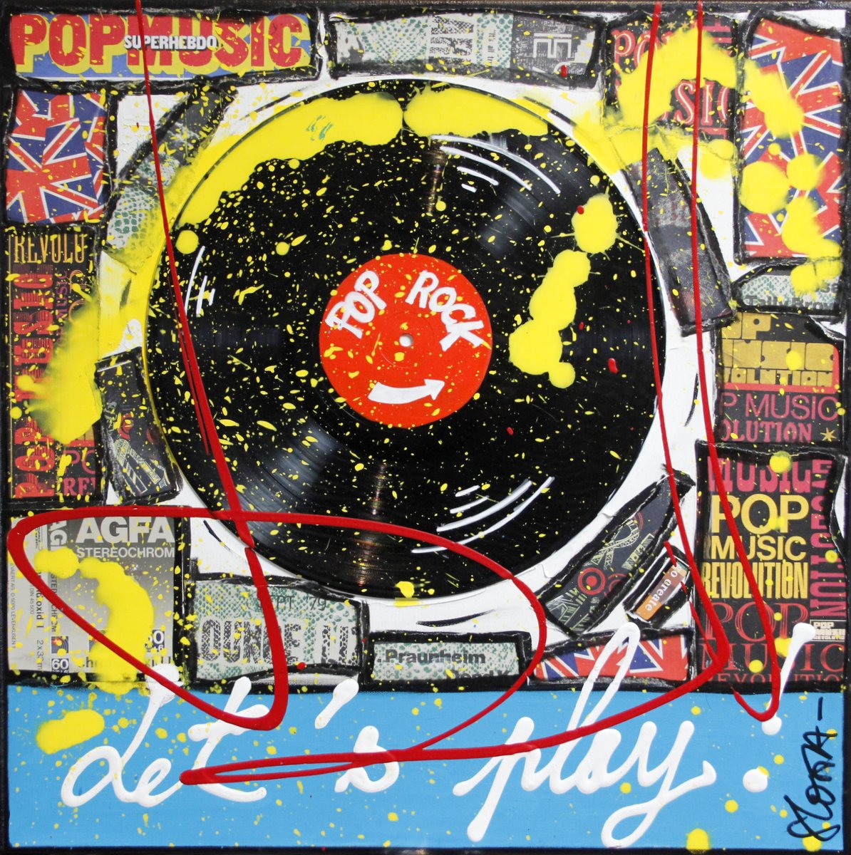 collage, music, vinyle Tableau Contemporain, Let&#039;s play !. Sophie Costa, artiste peintre.