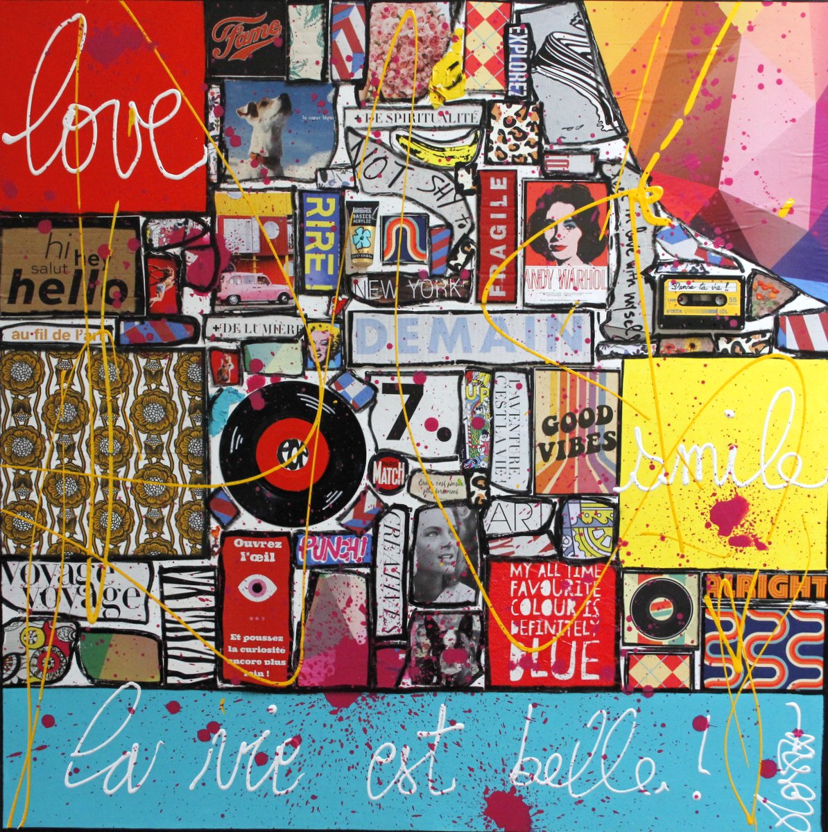 collage, love , la vie est belle, smile, multicolore Tableau Contemporain, Love and smile, la vie est belle !. Sophie Costa, artiste peintre.