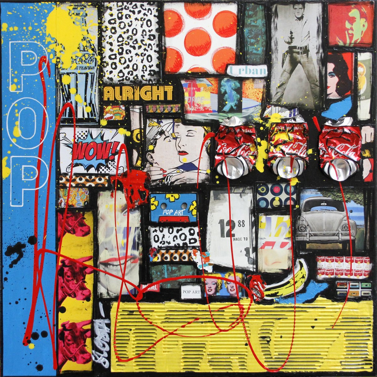 collage, pop art, america Tableau Contemporain, WOW !. Sophie Costa, artiste peintre.