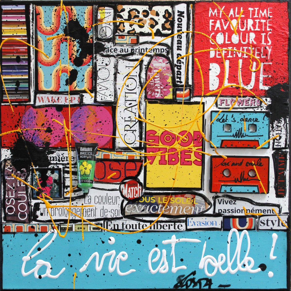 collage, multicolore, la vie est belle Tableau Contemporain, Good vibes, la vie est belle !. Sophie Costa, artiste peintre.
