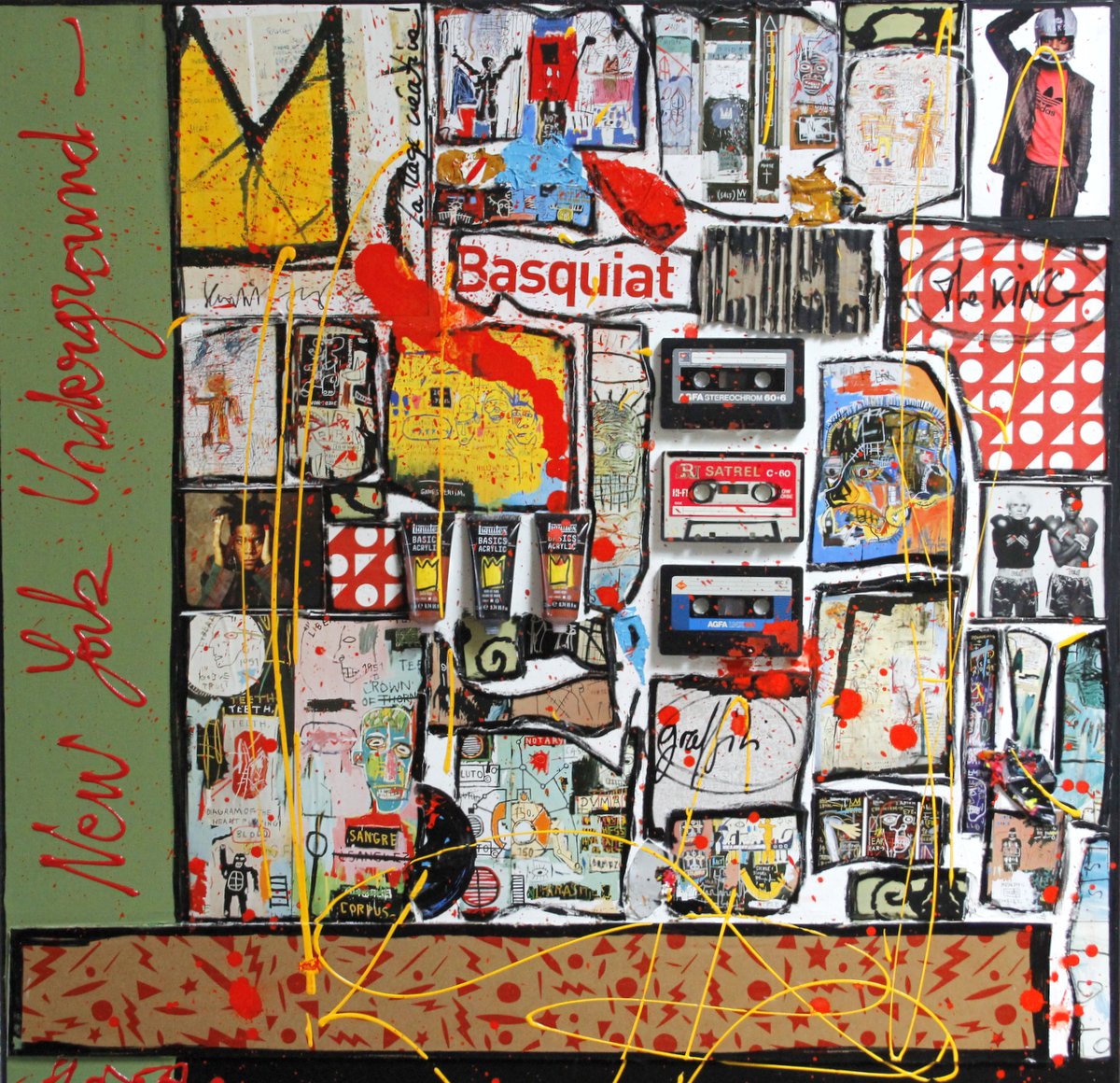 collage, basquiat, multicolore Tableau Contemporain, Basquiat, NYU. Sophie Costa, artiste peintre.