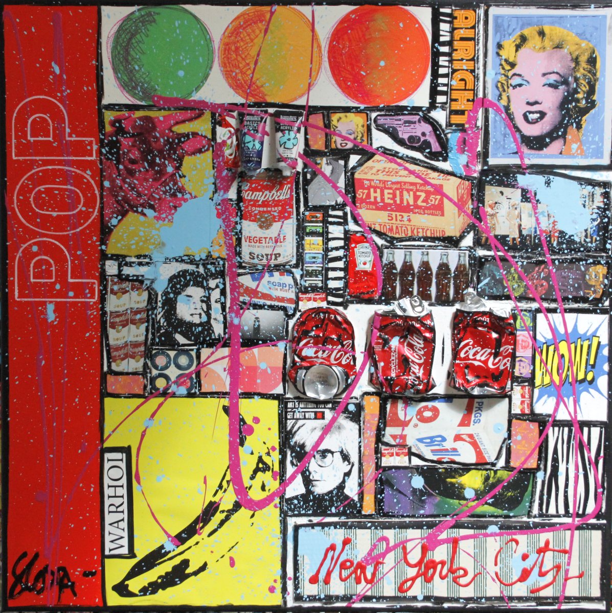 collage, bubble pop , multicolore Tableau Contemporain,  POP WARHOL. Sophie Costa, artiste peintre.