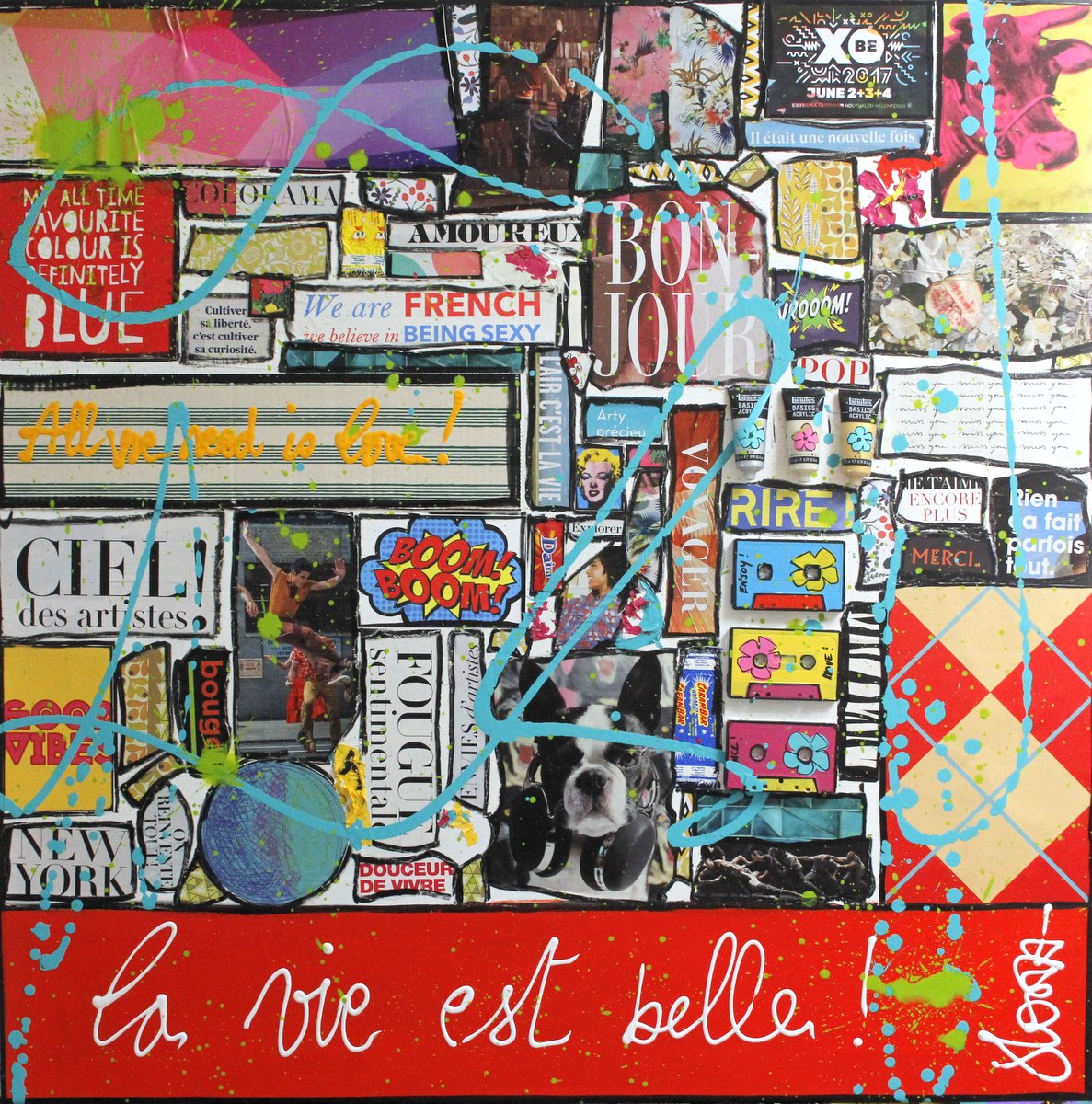 la vie est belle, collage, multicolore Tableau Contemporain, La vie est belle ! (all we need is love). Sophie Costa, artiste peintre.